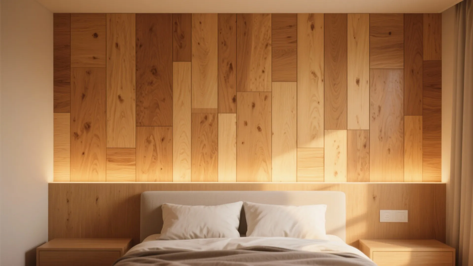 Modern bedroom featuring a vertical wood wall panel headboard with warm built-in lighting and bed
