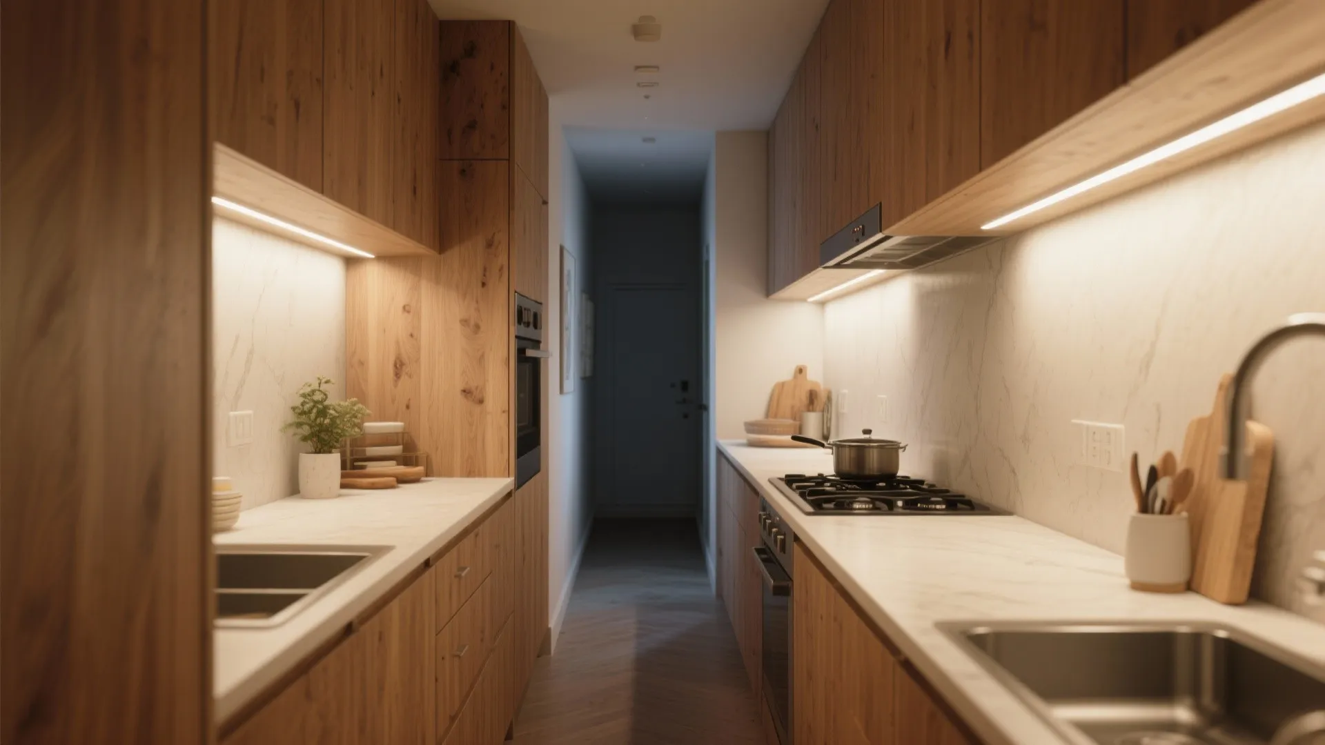 Warm wood tones paired with soft wall lights