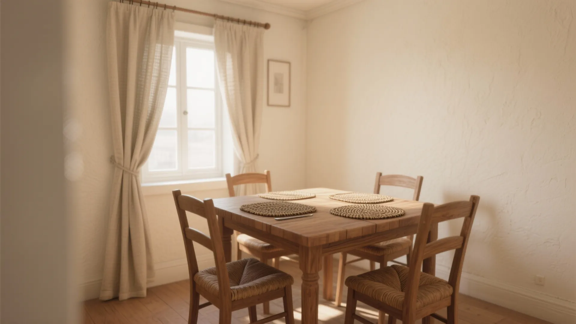 Warm dining area featuring square wooden table four chairs cream curtains small window and white wall