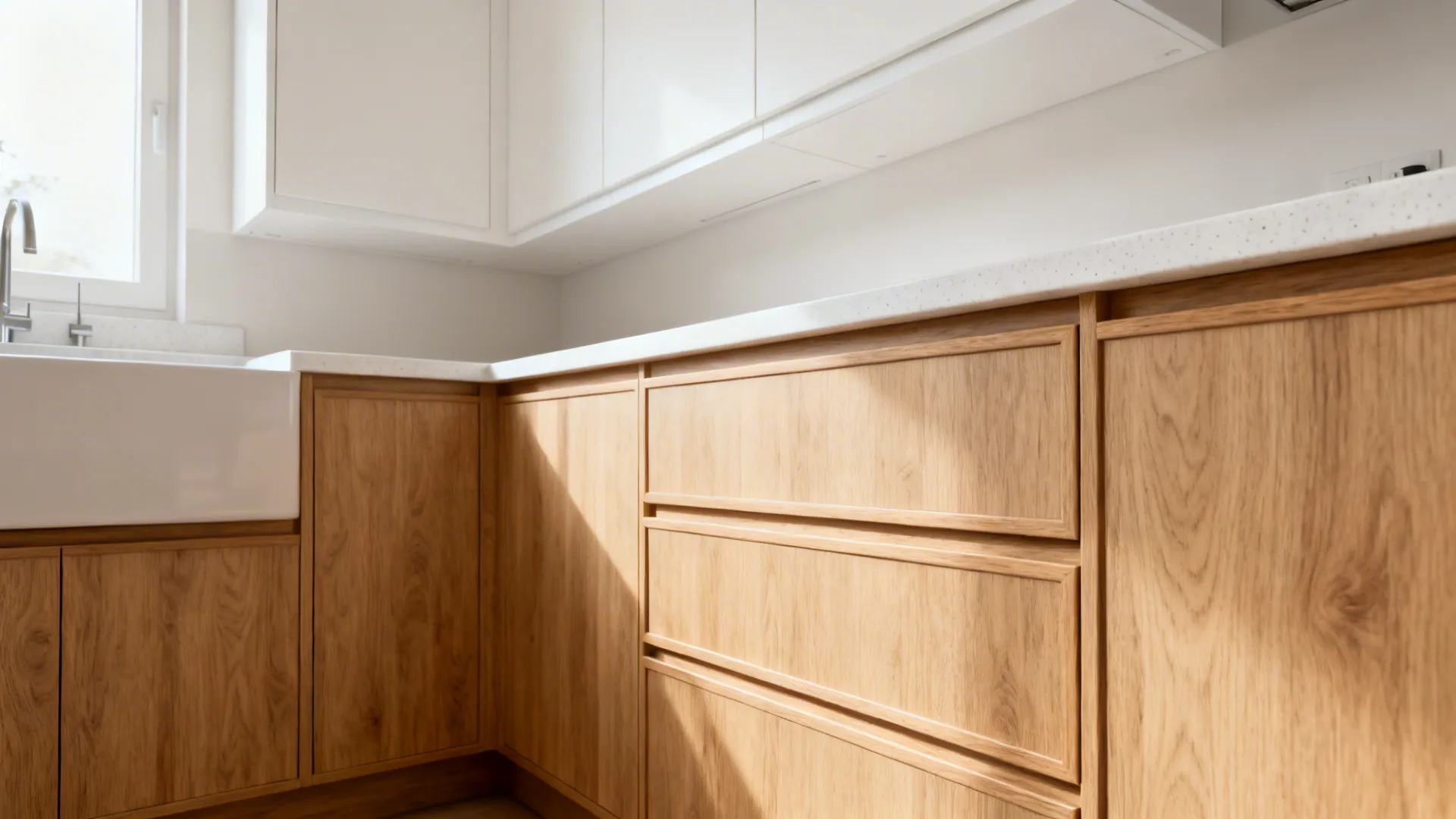 Small kitchen with light oak wood-look lowers and white uppers in soft daylight.