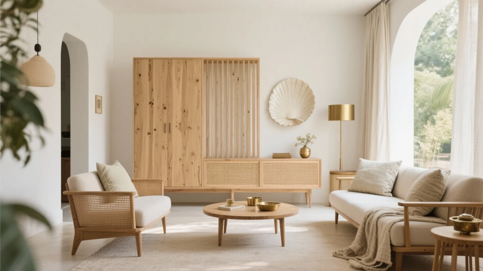 5) Warm wood accents balanced with breathable textiles