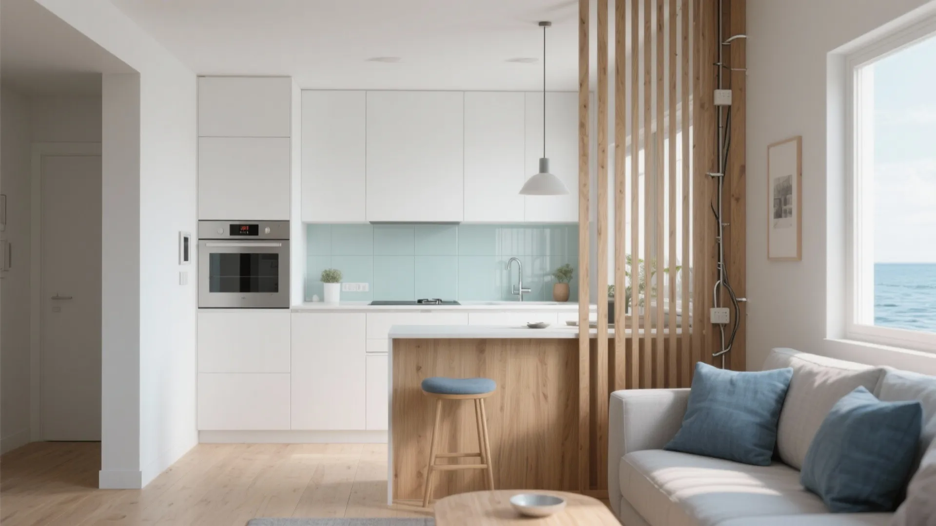 Warm wood tones, coastal-friendly materials