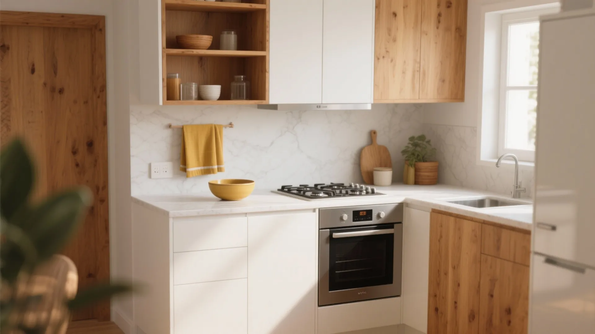 Warm Wood Accents for a Cozy Micro-Kitchen