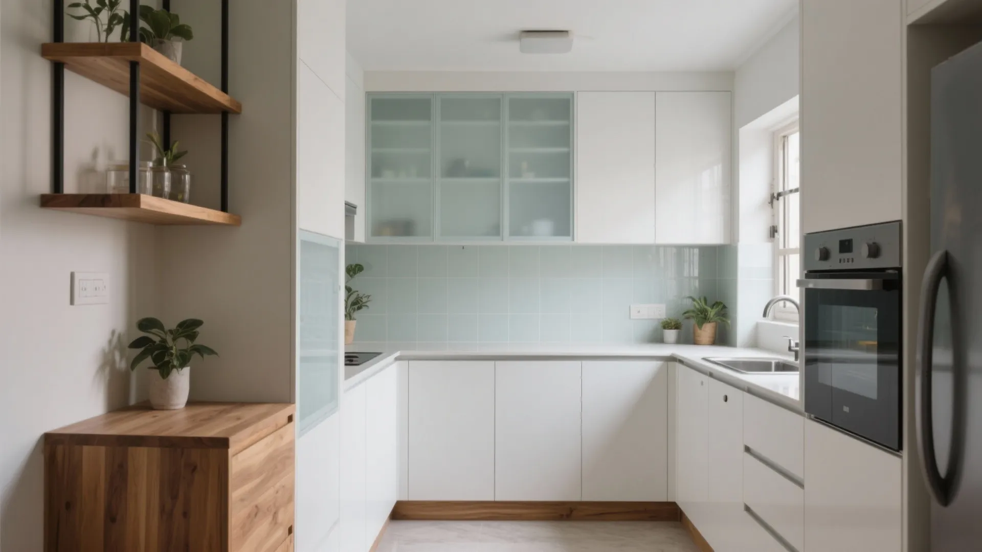 Compact kitchen with subtle oak accents, white cabinets, and a reflective backsplash.