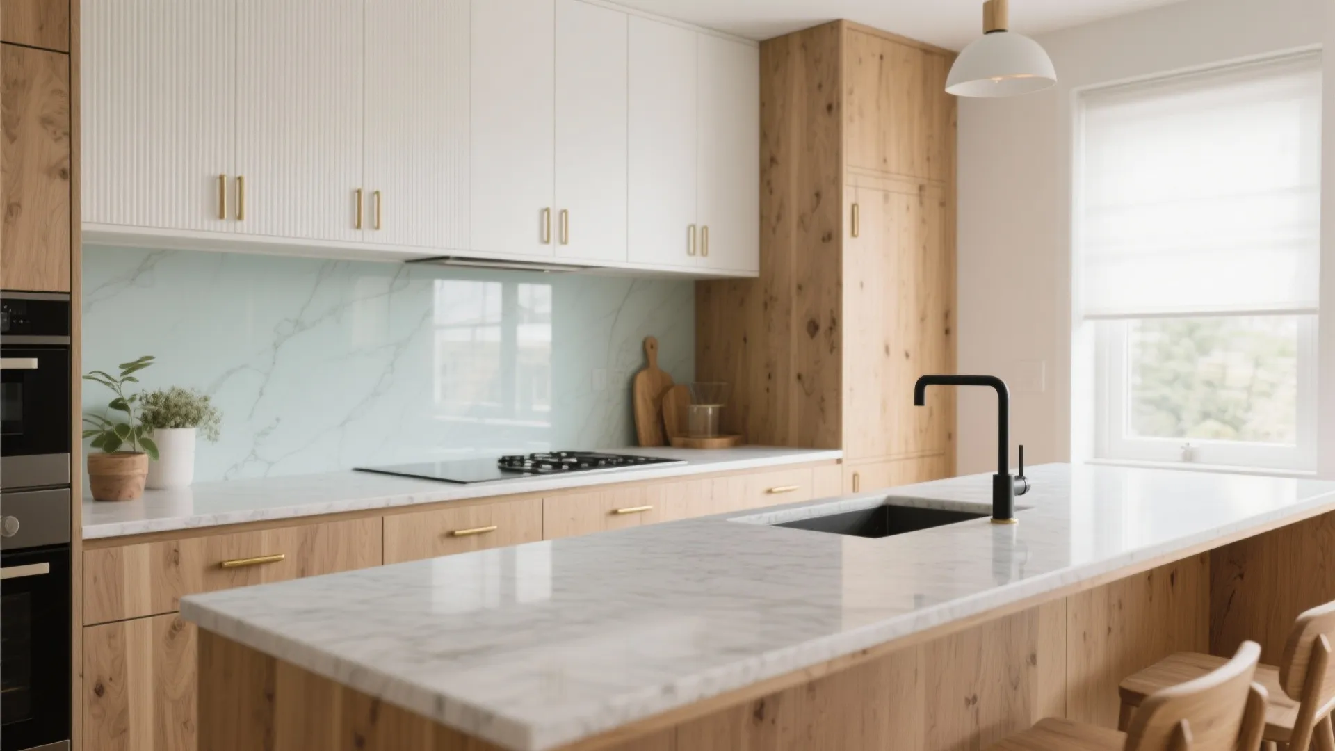 Modern kitchen with wood cabinets white upper cabinets marble island black sink and bright natural light