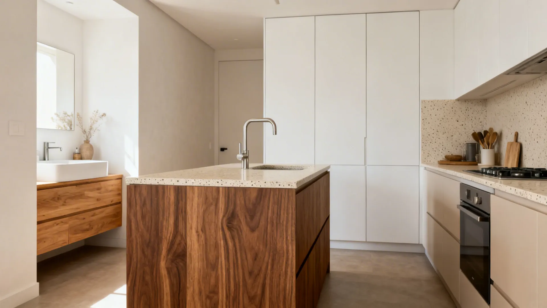 Small kitchen with walnut island, matte white cabinets, and pale terrazzo counters.