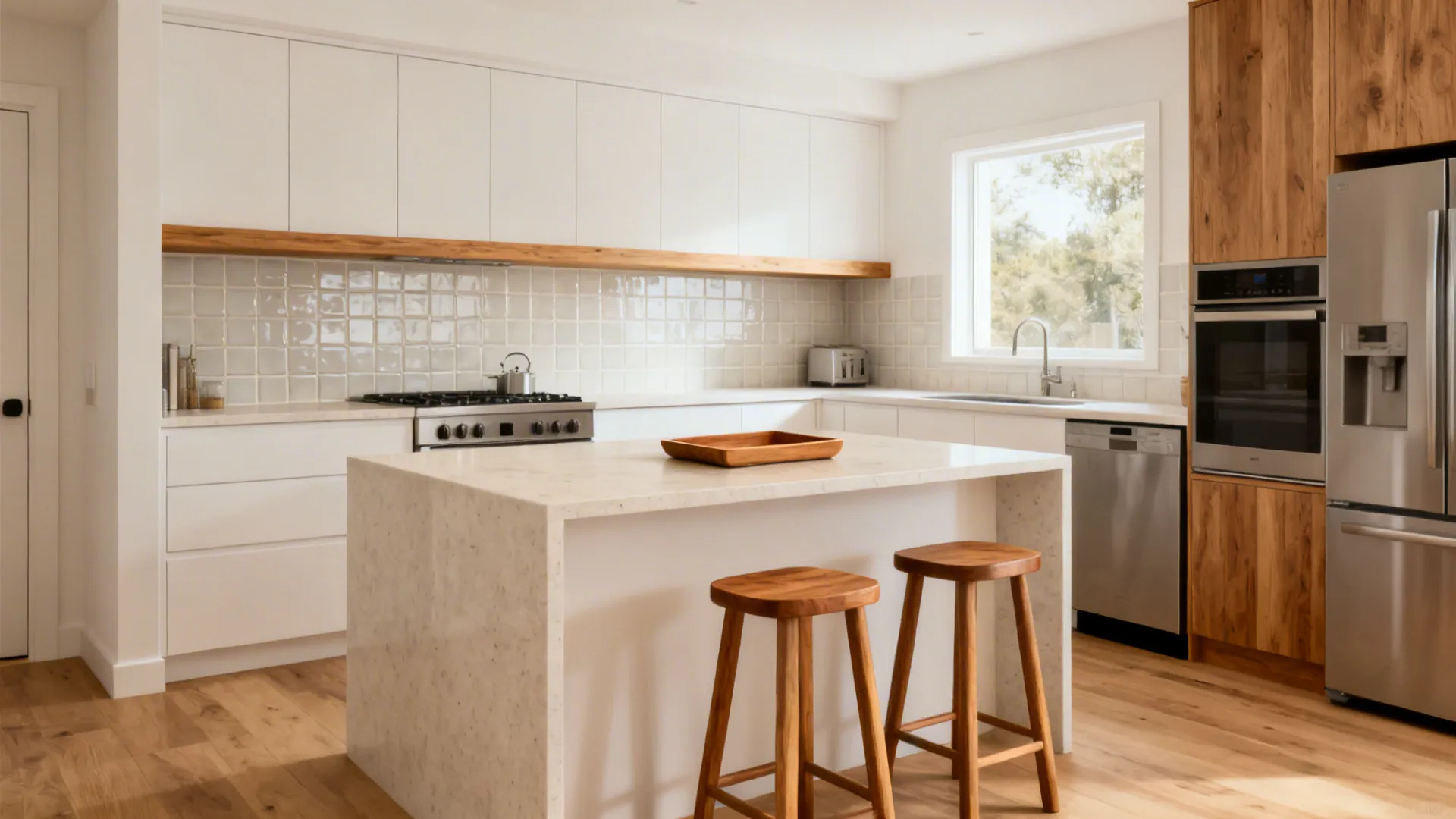 Modern 10x10 kitchen with oak shelf, matching stool legs, and a small tray adding warmth.