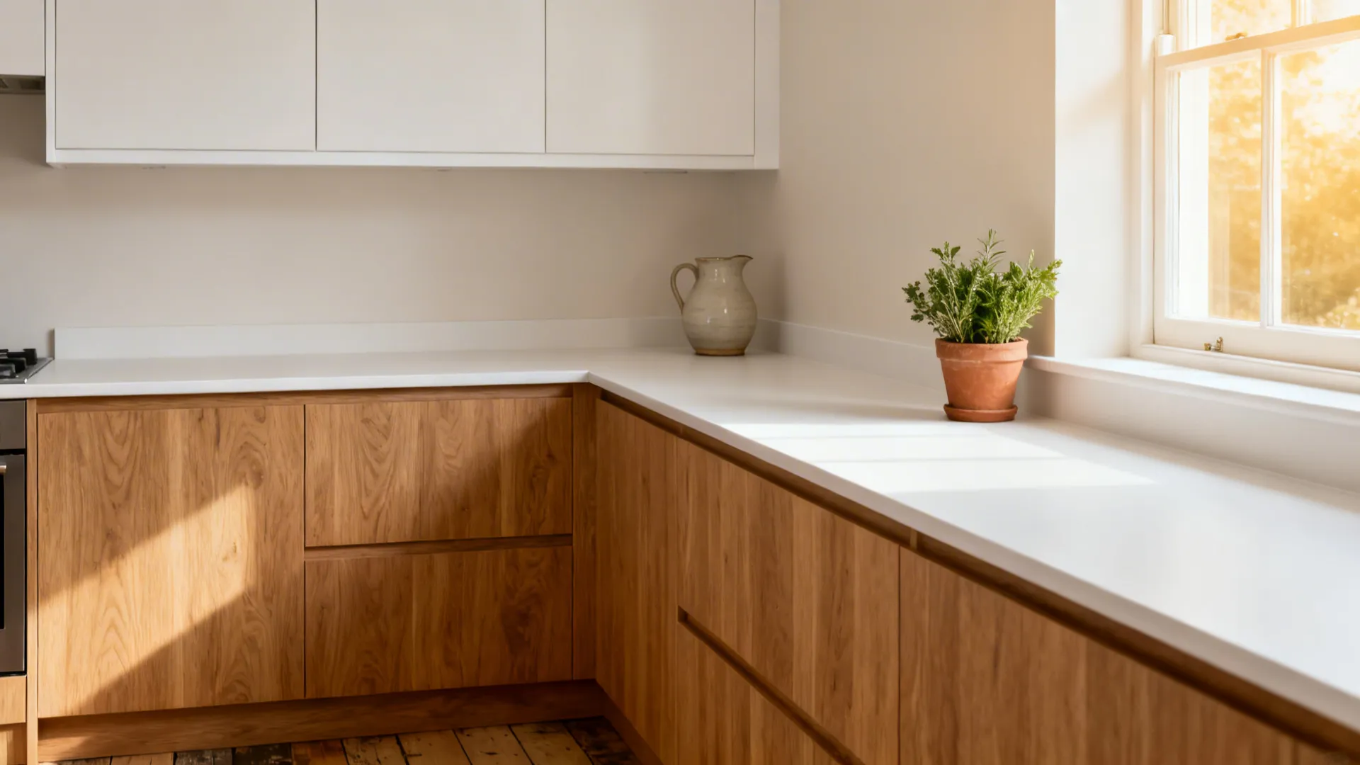 Oak veneer lower cabinets with satin white uppers creating a warm, bright kitchen.