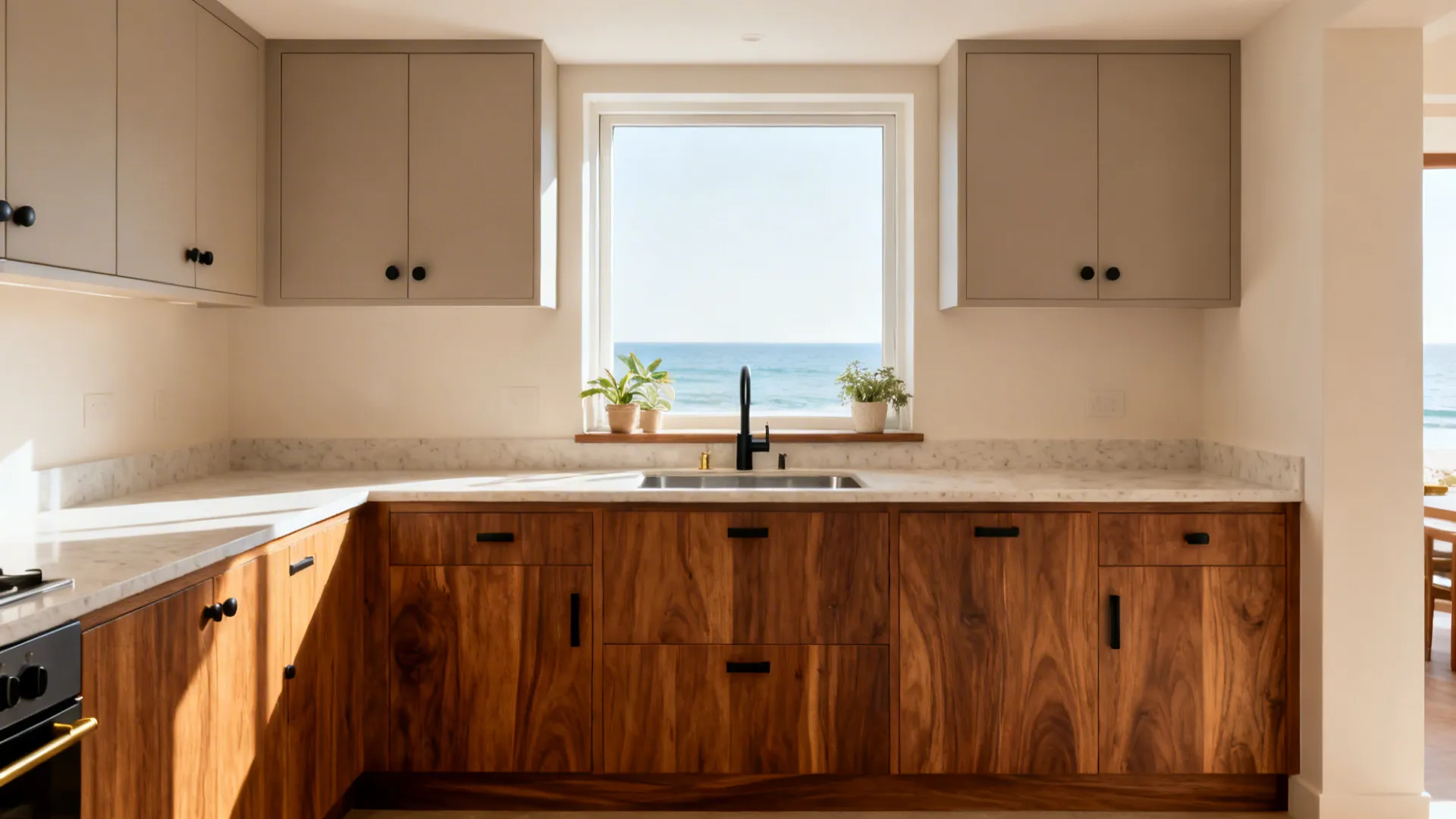 Teak-tone base cabinets and neutral uppers balancing strong daylight from a centered kitchen window.