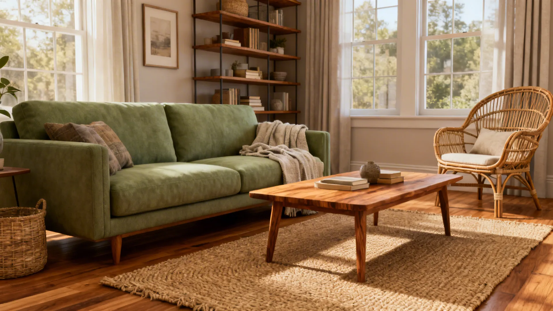 Sage green couch with warm oak floors, rattan chair and jute rug creating a cozy vibe.