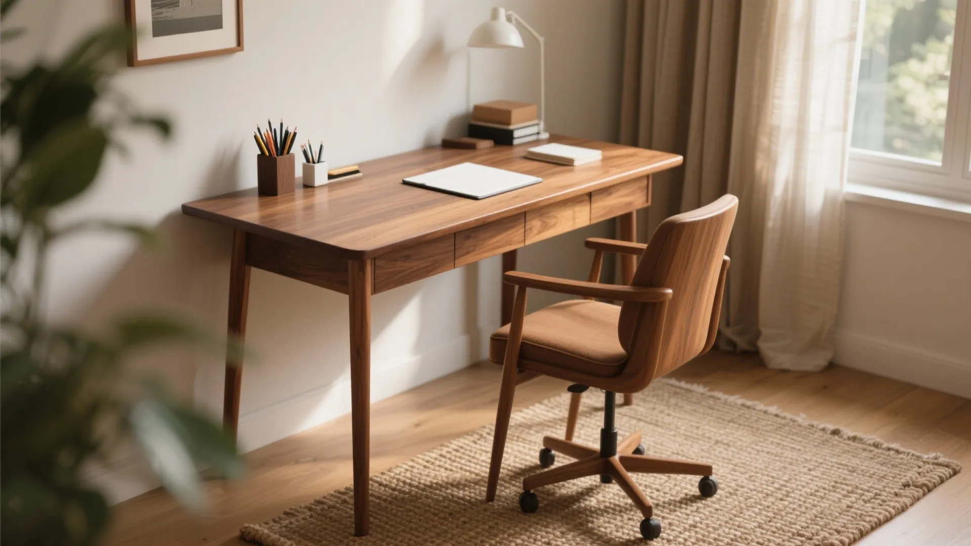 Modern wooden writing desk with brown chair and table lamp on a woven rug floor
