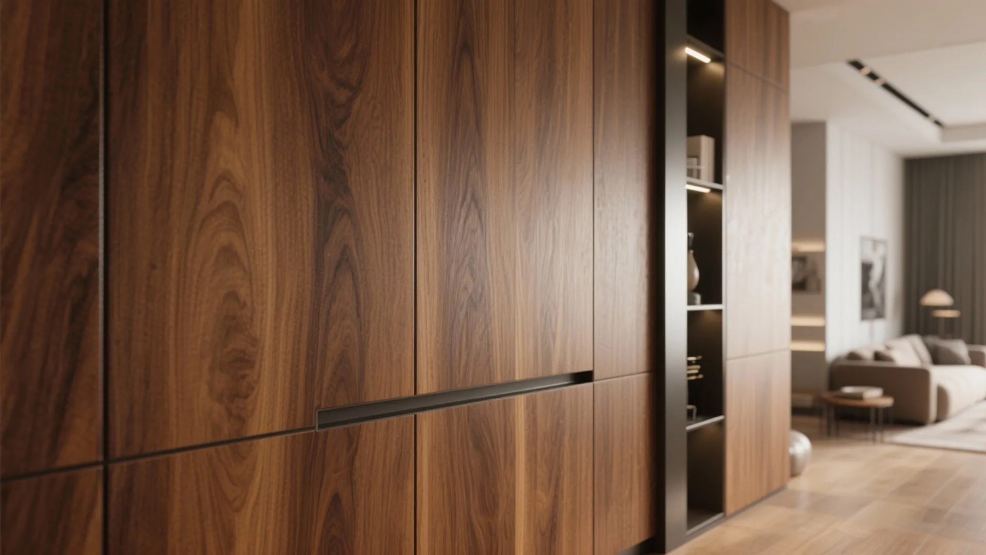 Modern wood wall panel cabinet with hidden handle design in a warm living room interior