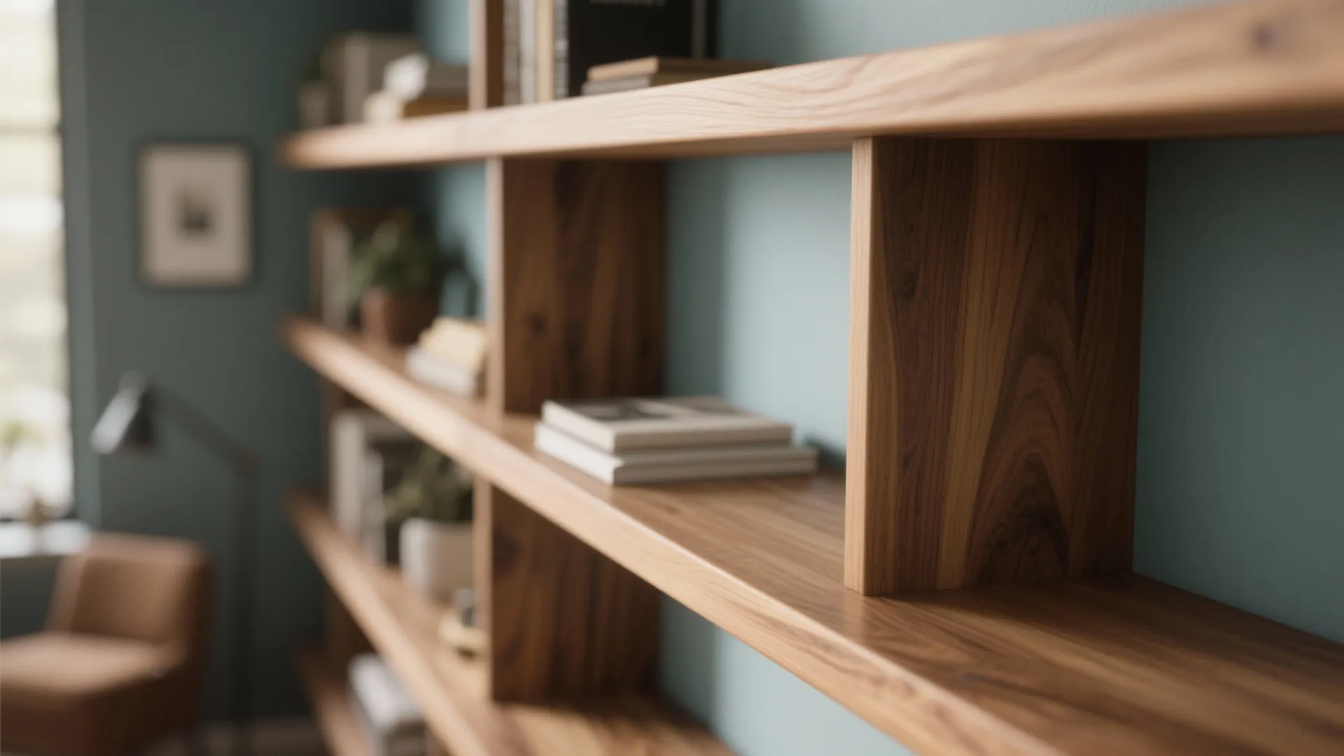 Close up of wooden wall shelves with books against a blue wall in home office
