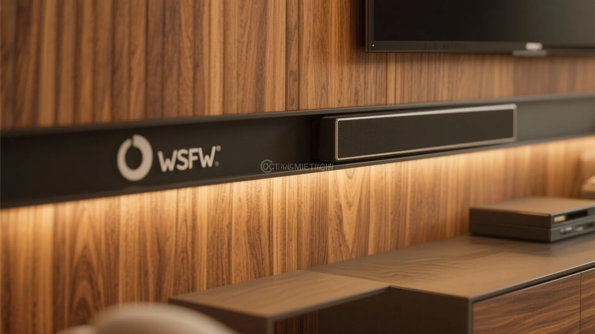 Close up of dark wood wall panel with integrated speaker and soft warm hidden lighting