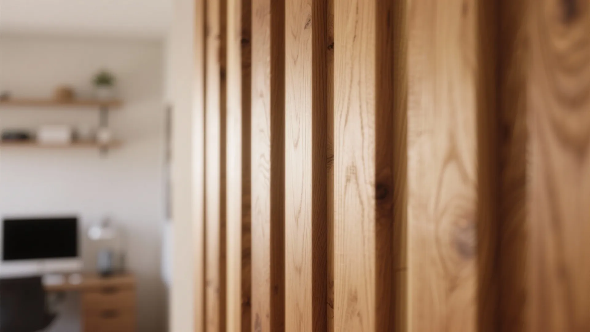 Vertical wood wall panel design in a room with a blurred desk and computer background