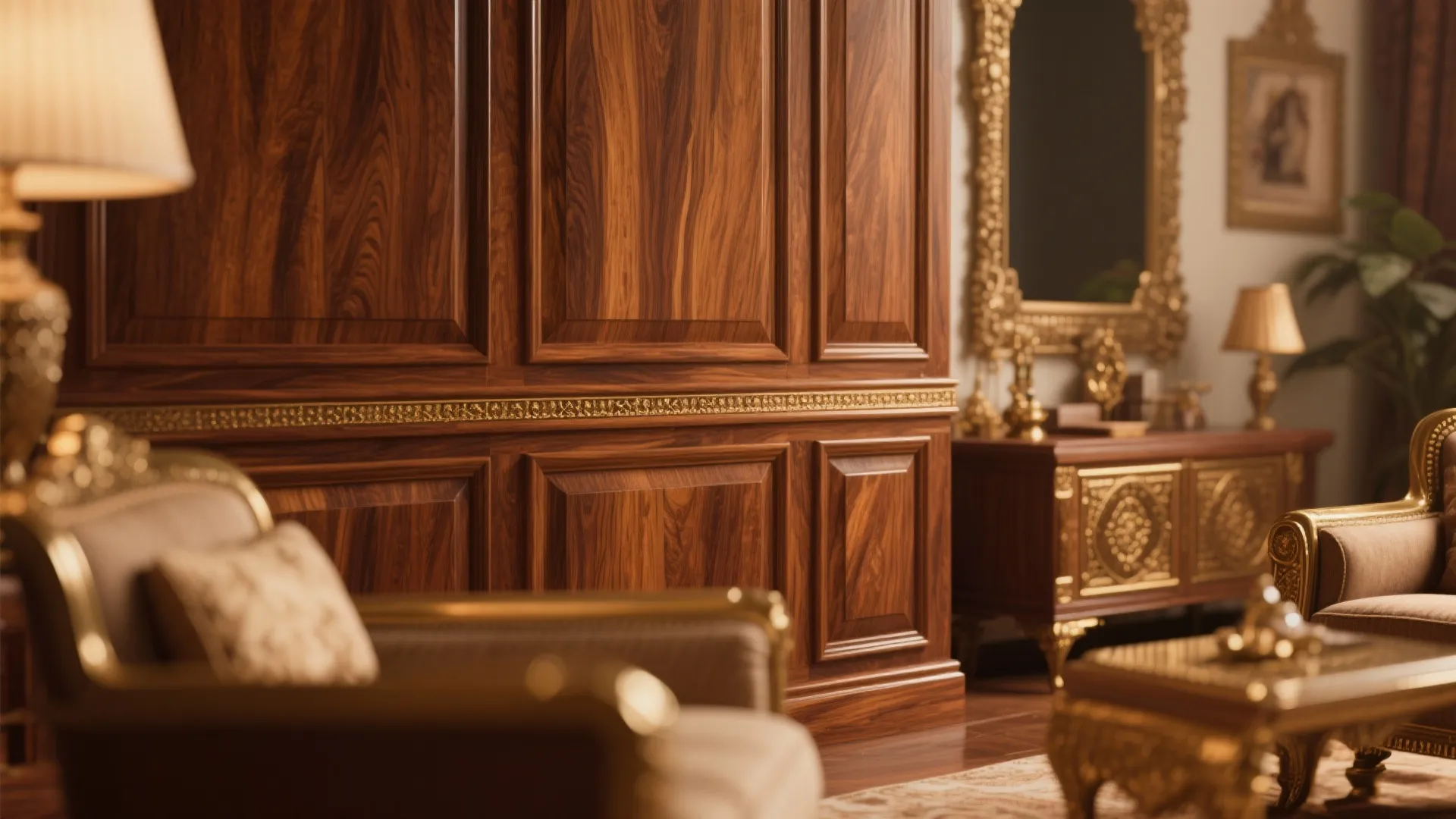 Classic interior design with dark wood wall panels gold details comfortable chairs and a wooden cabinet