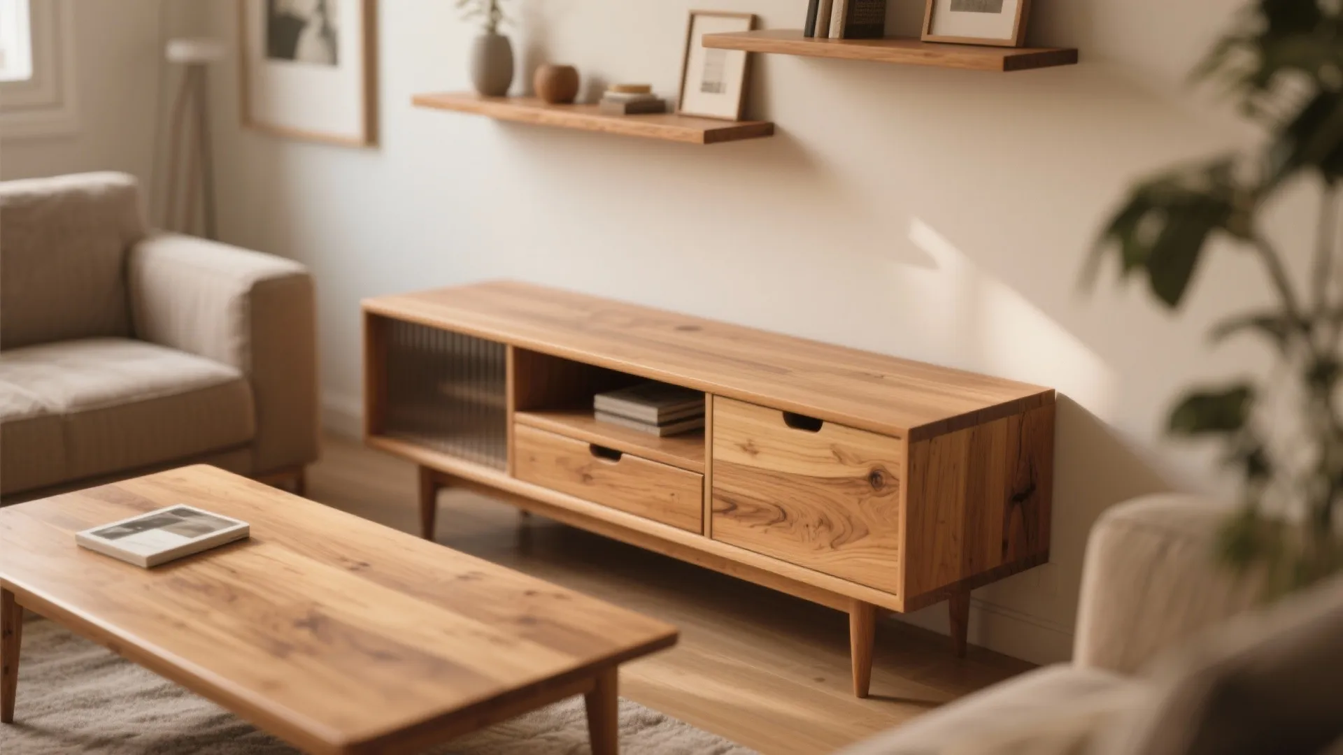 Modern living room featuring wooden cabinet and coffee table with beige sofa and wall shelves