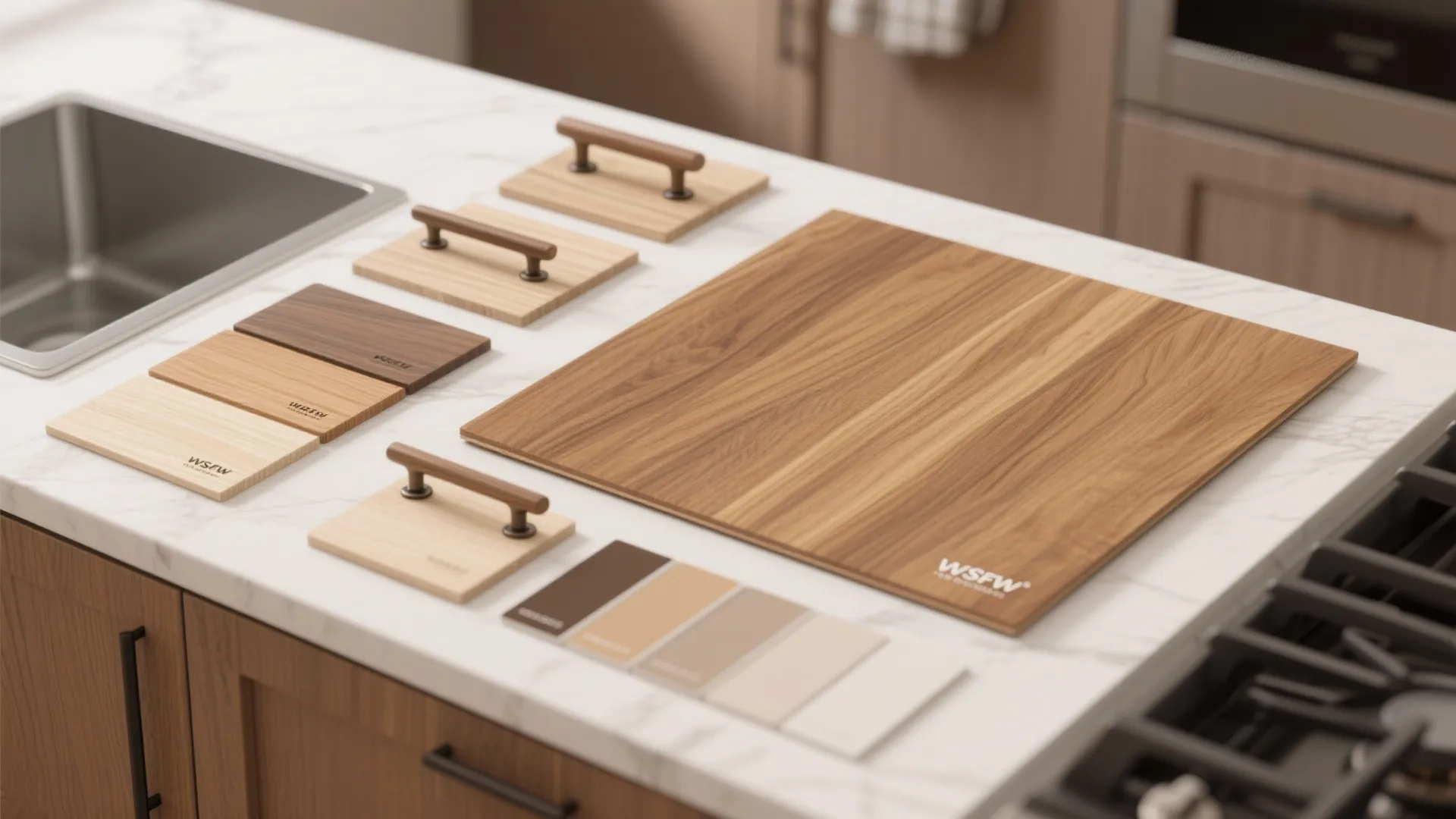 Kitchen countertop displaying various wood material samples with metal handles and beige color palette cards