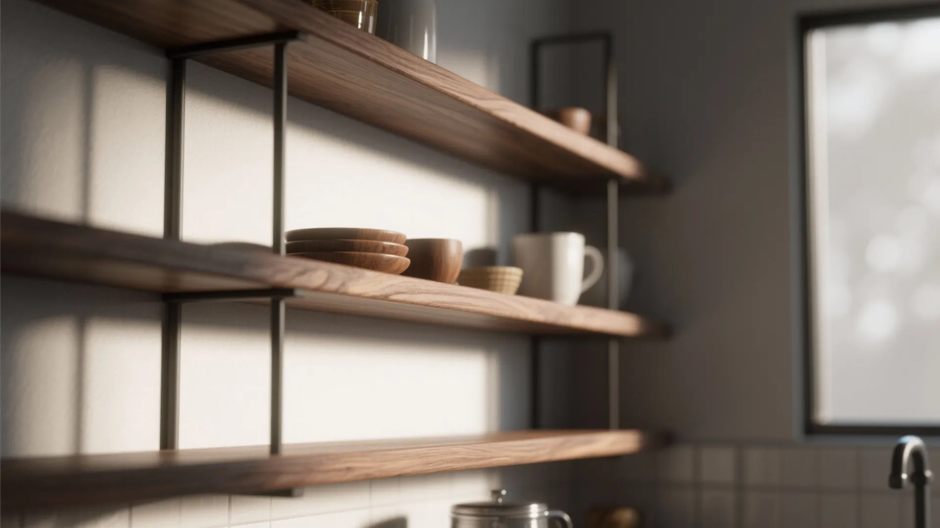 Close up view of wooden wall shelves holding brown ceramic plates and a white coffee mug