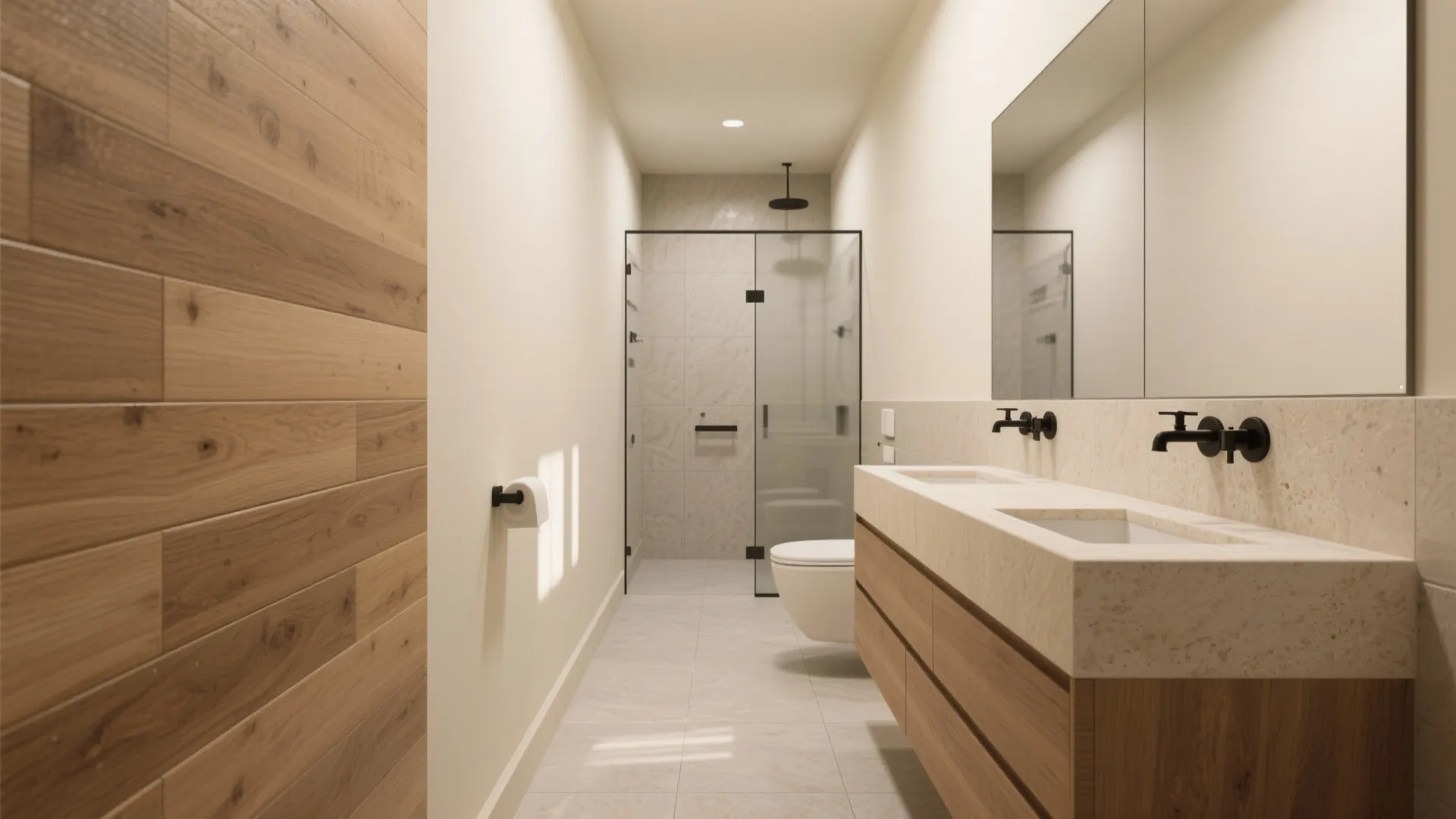 Modern bathroom interior design drawing with wooden wall panels, double sink vanity, and glass shower