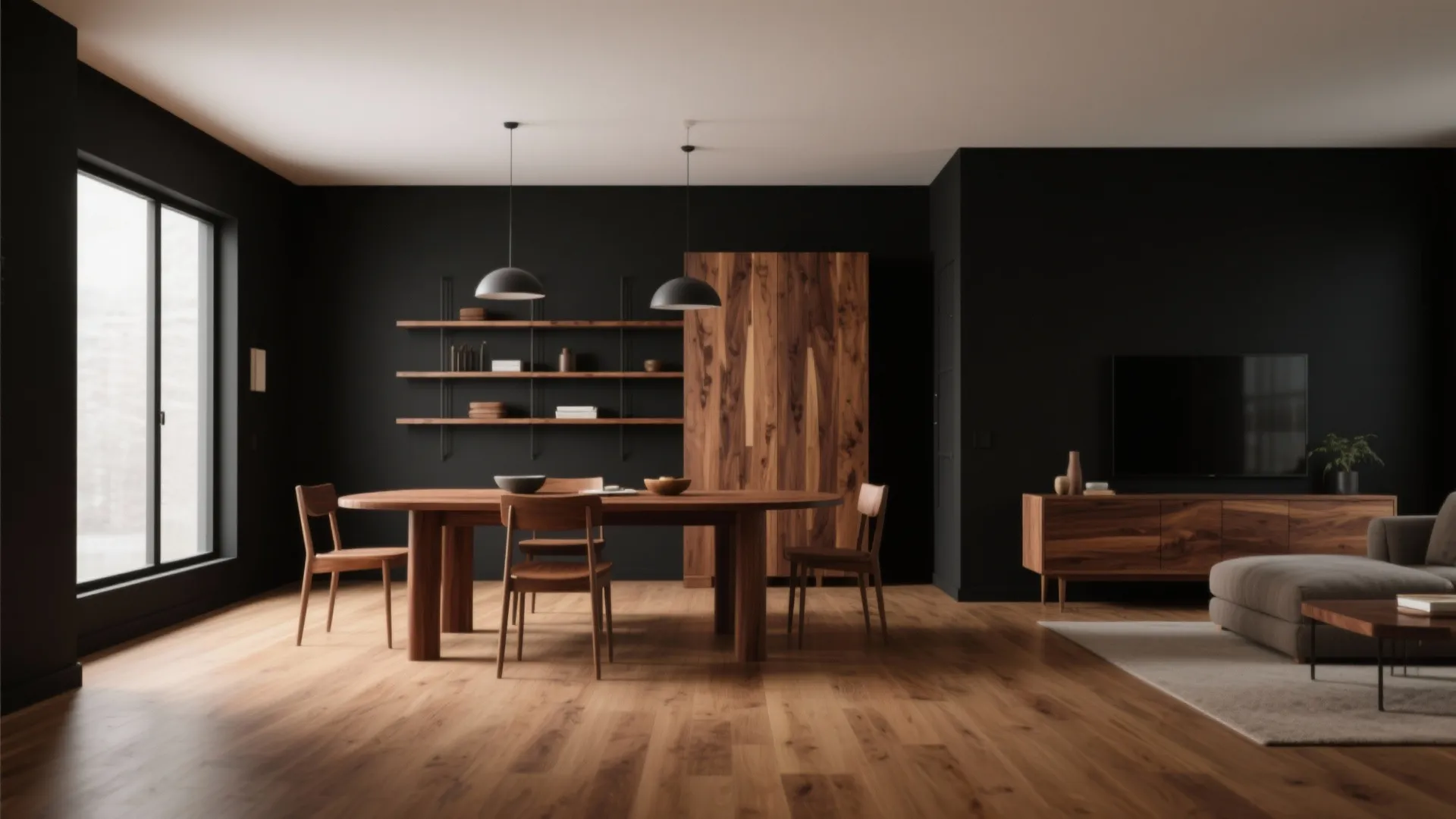 1. Use warm woods to soften the drama