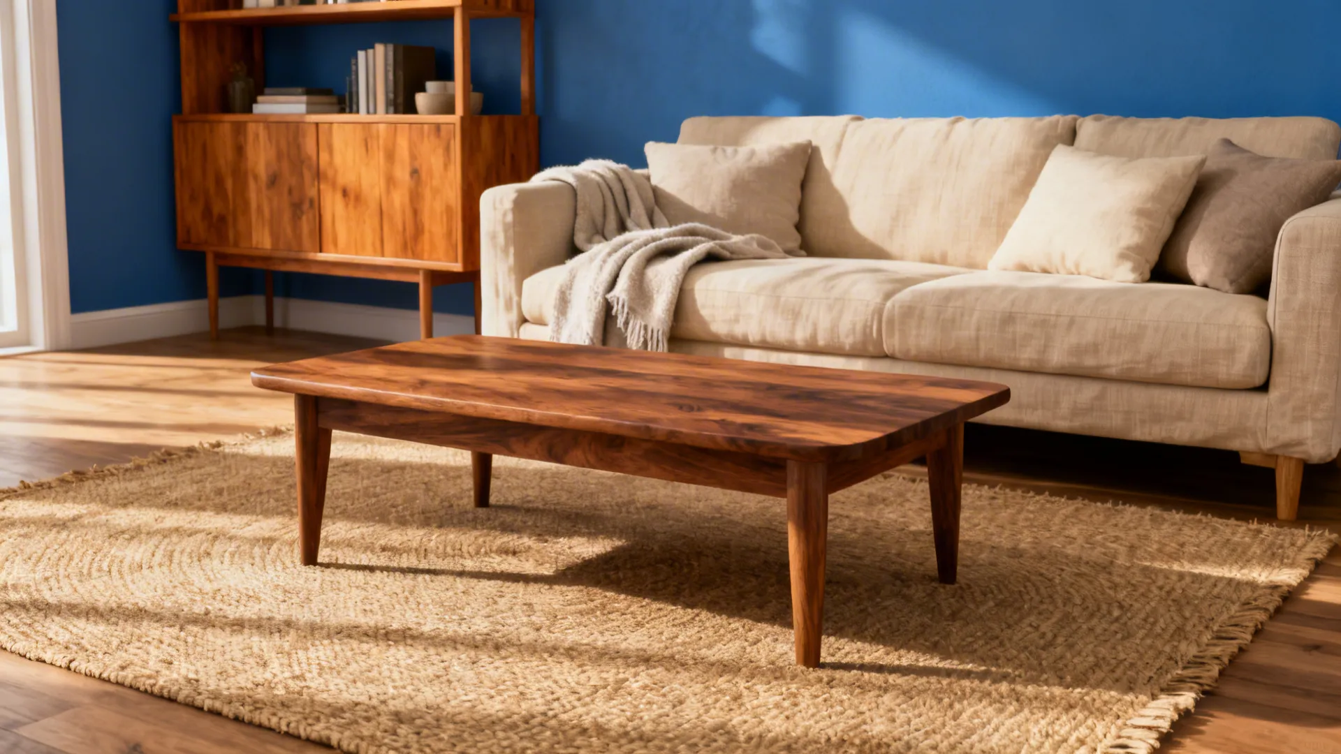 Blue-walled living area with walnut table, beige linen sofa and jute rug