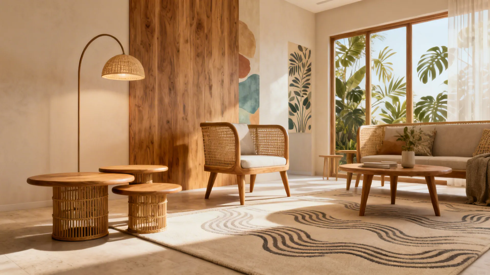 Warm oak and rattan living room with rounded tables, arched lamp, and a soft wave-pattern rug.