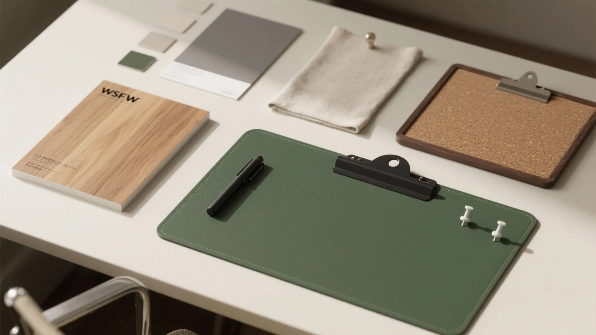 Flat lay of mid-tone oak, gray-beige paint chips, linen fabric, cork, deep-green desk mat, and black hardware.
