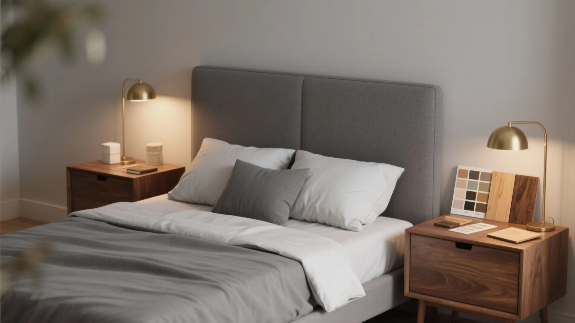 Matte gray bed with warm walnut nightstands and brass lamp, plus paint and wood swatches