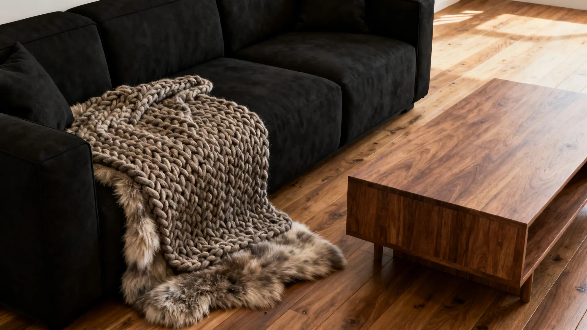 Black sofa with wooden coffee table, oak floor, chunky knit rug and sheepskin throw.