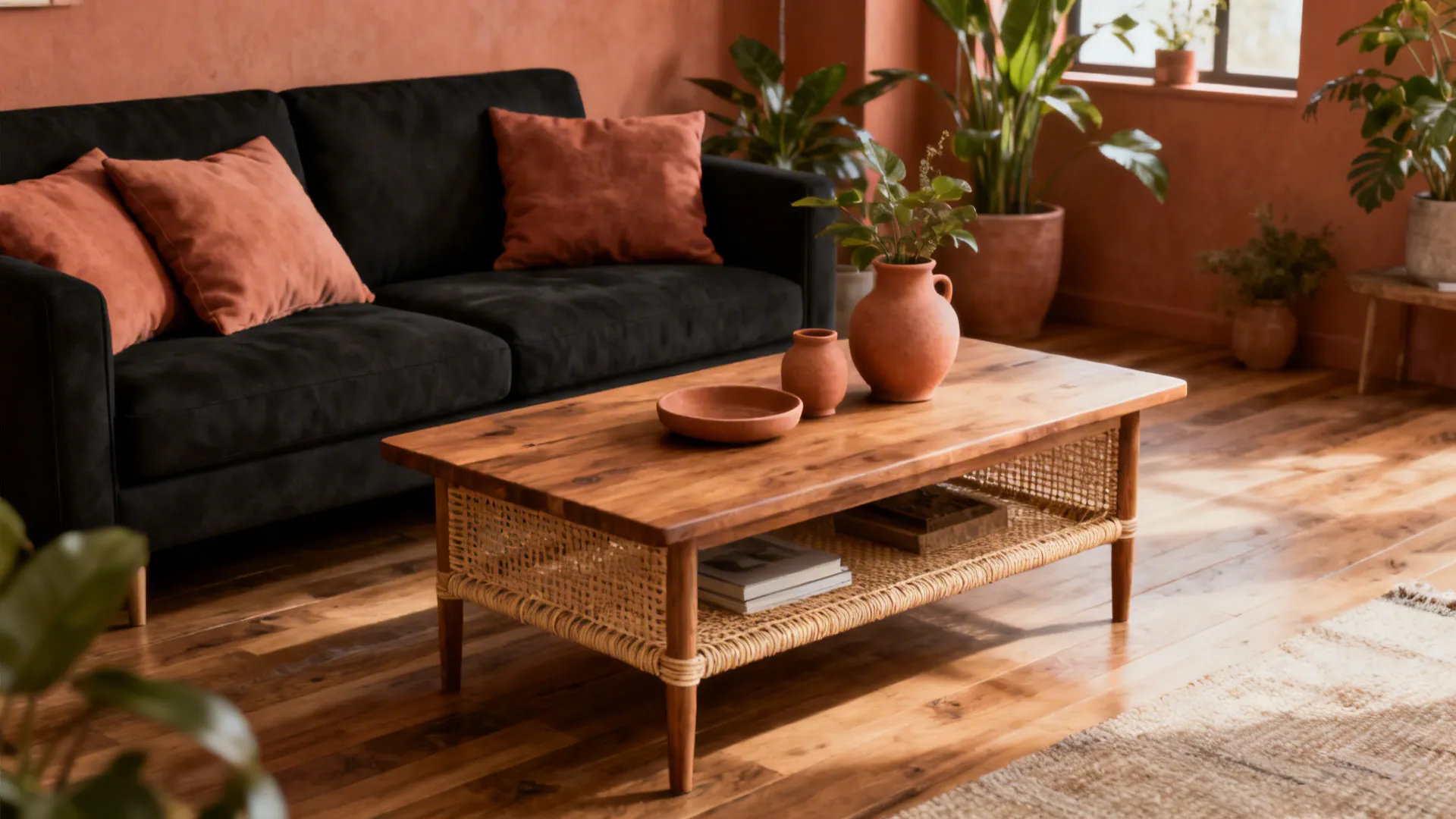 Black sofa with oak table and muted terracotta accents in a cozy living room.