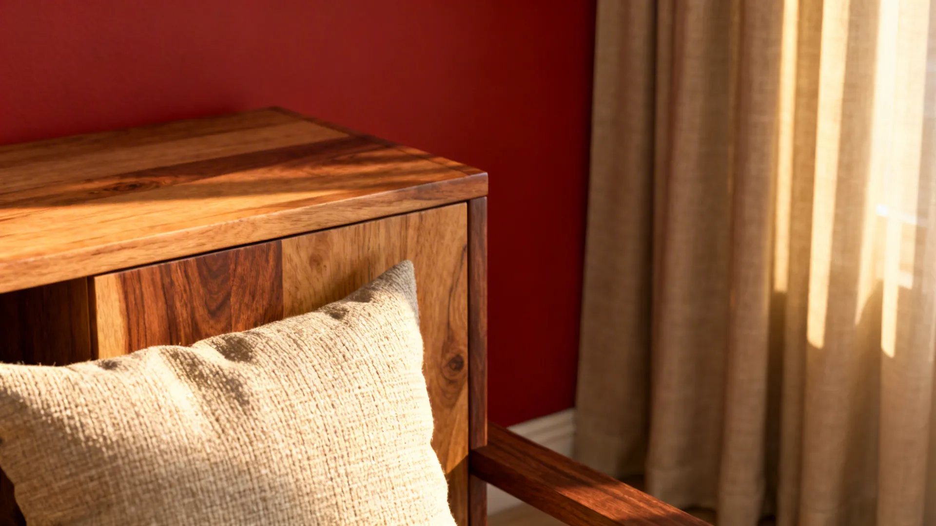 Close-up of walnut console, oak side table and linen textiles against a red wall