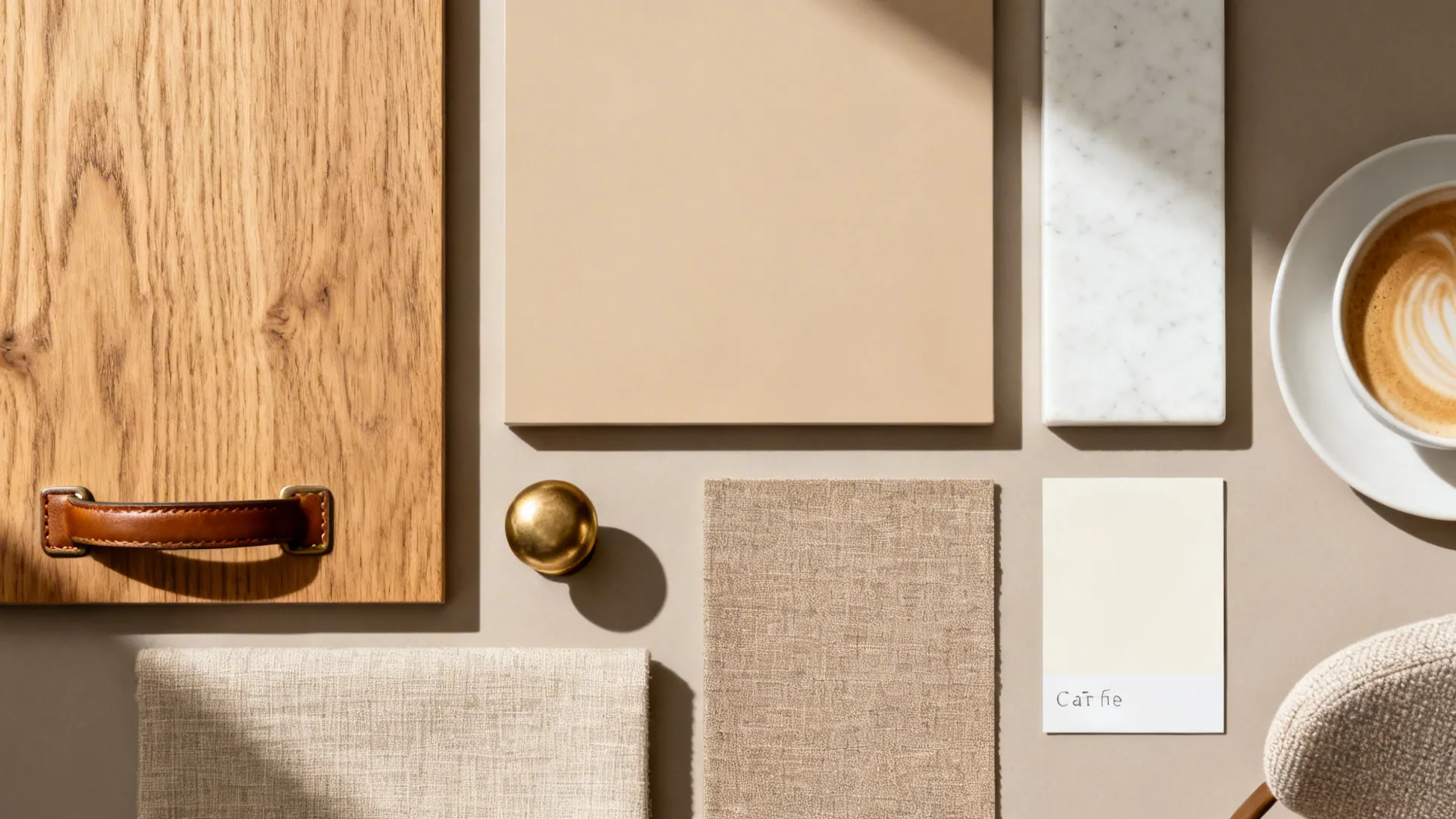 Material board for room decoration with wood planks fabric samples marble stone and coffee cup