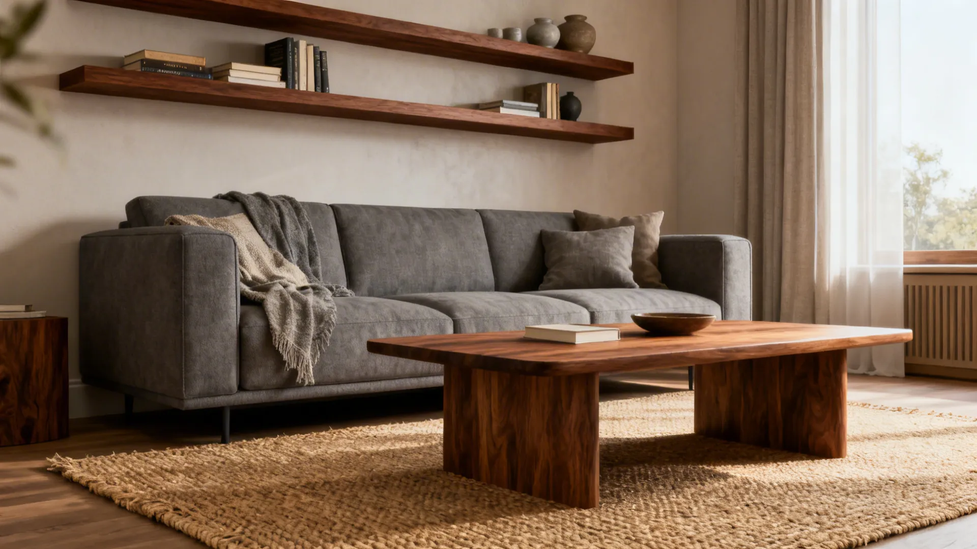 Grey sofa with wood coffee table floating wall shelves with books and a neutral area rug