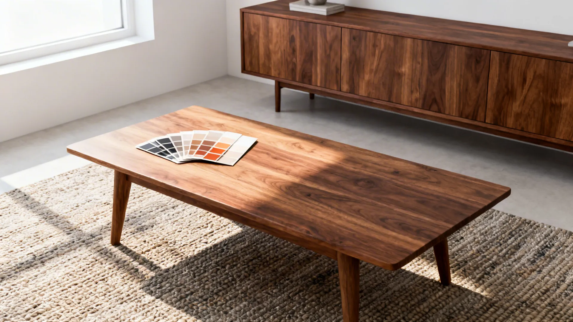 Natural wood floors and walnut furniture against crisp matte white walls with paint swatches