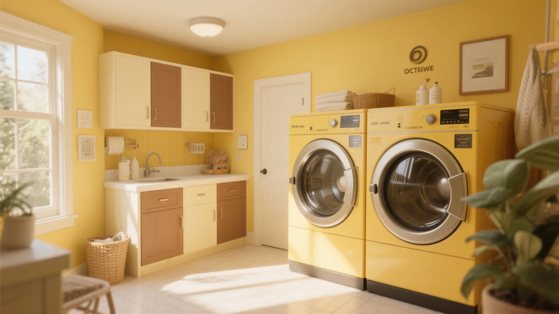 Vibrant yellow laundry room showing two yellow washing machines beside cream and brown storage cabinets