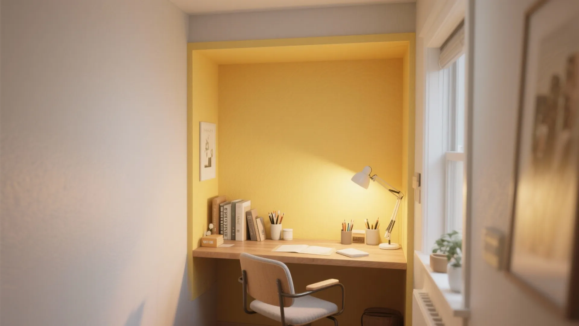 Small study nook with yellow walls, wooden desk, white lamp, chair, books, and natural light