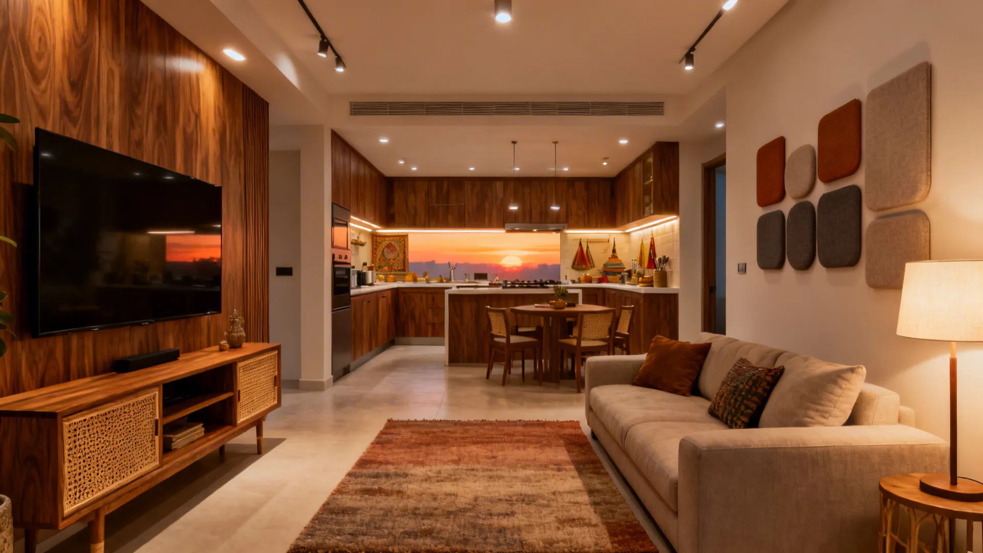 Open small living–kitchen with warm wood, cane accents, layered 3000K lighting, and acoustic art panels.