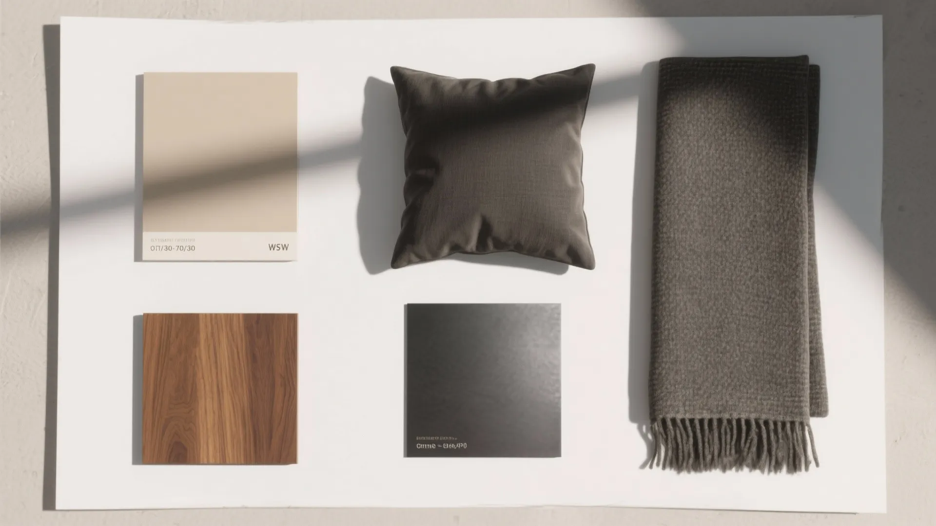 Top view of room layout materials including wood tiles grey pillow and a brown scarf