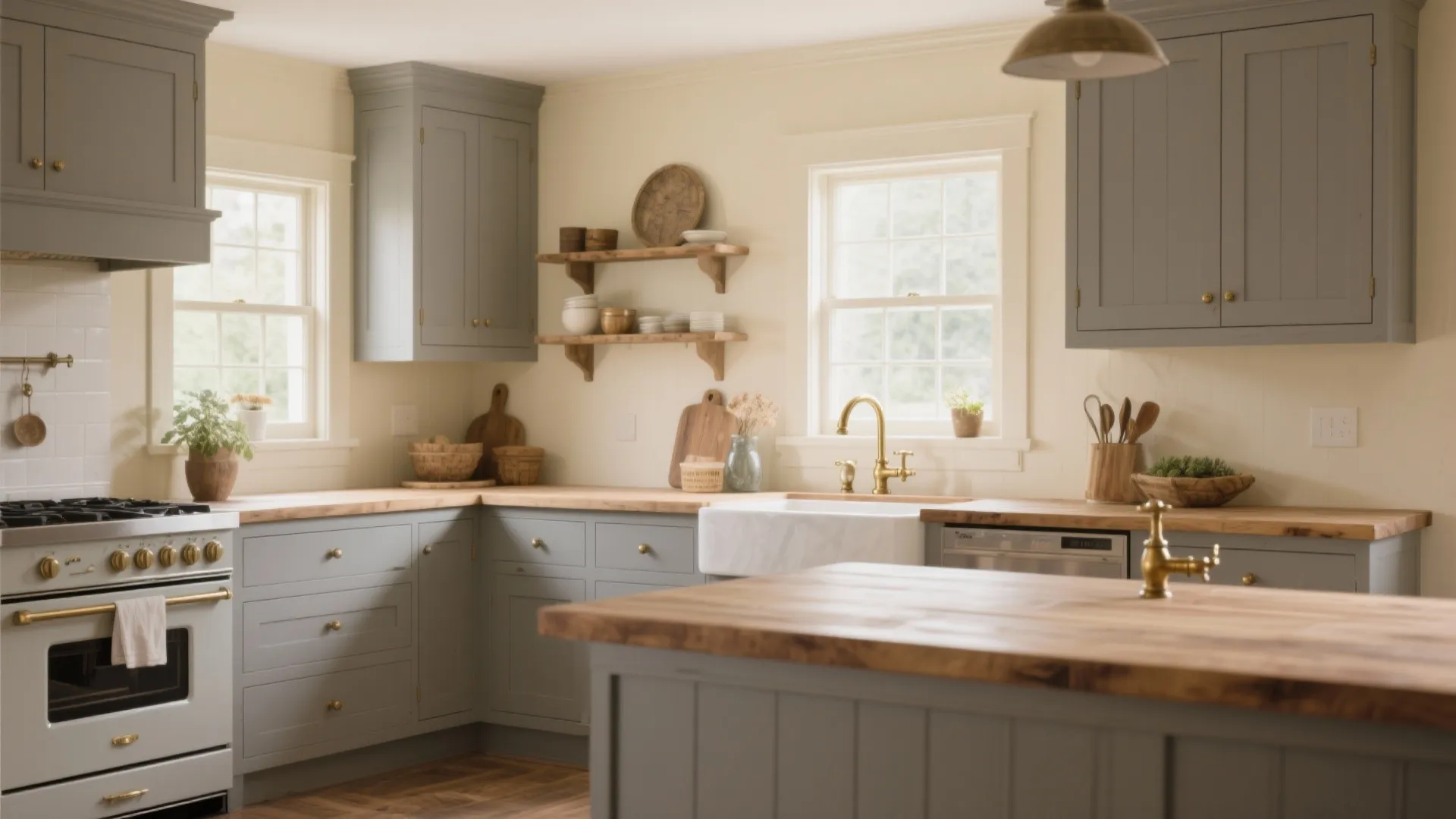 Modern farmhouse kitchen with grey cabinets wooden countertops cream walls white stove and brass light fixture