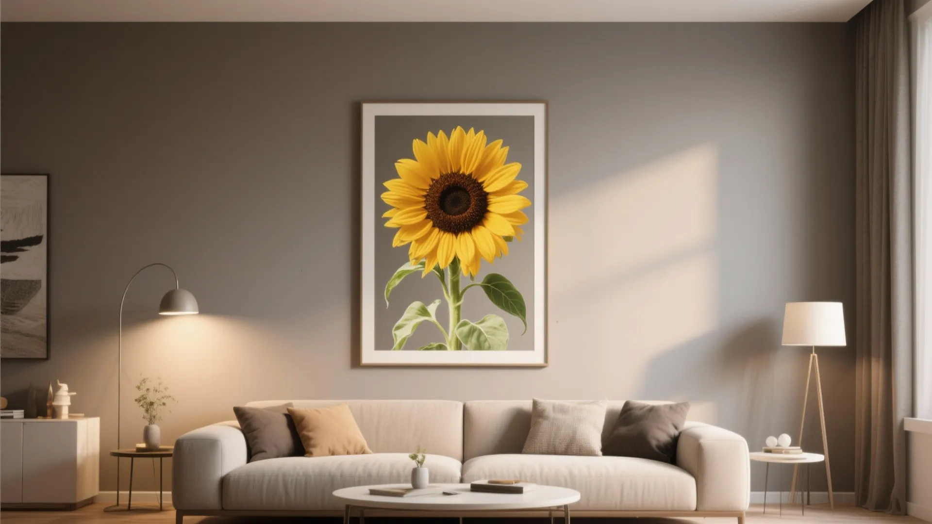 2. Warm Gray Walls with Sunflower Artwork