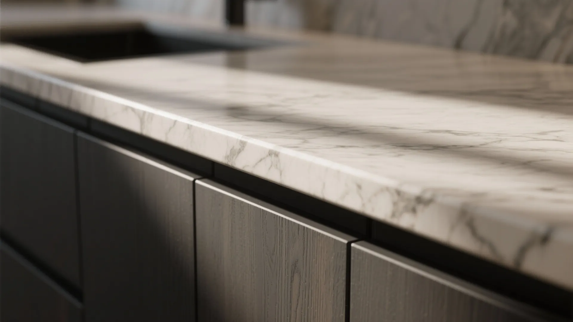 3. Black Cabinets with Warm Grey Marble