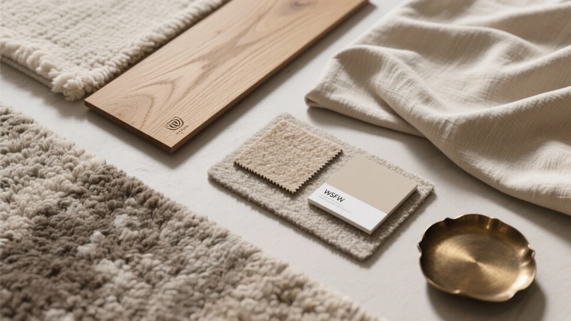 Interior design material palette including wood samples, neutral fabric swatches, and soft beige textured rugs