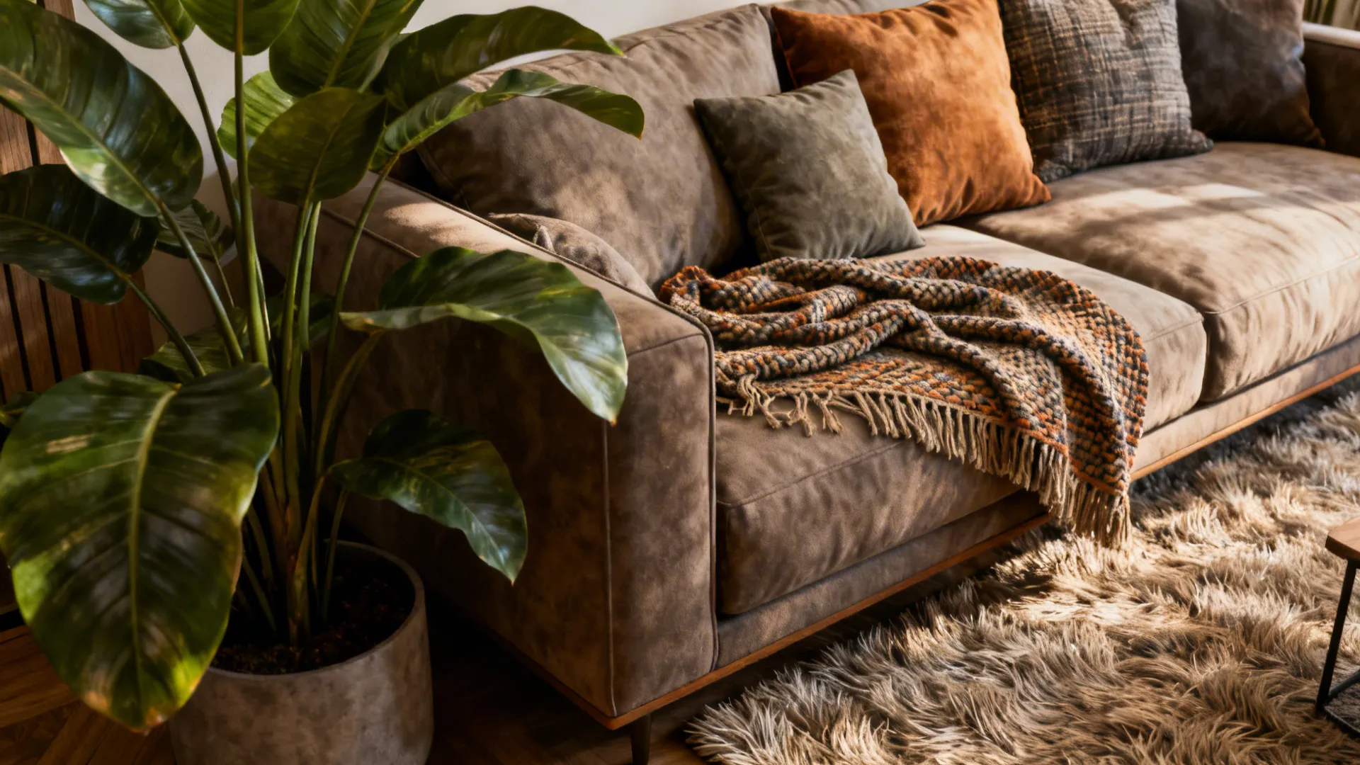 Close-up of oversized cushions, woven throw and textured rug adding warmth and human scale.