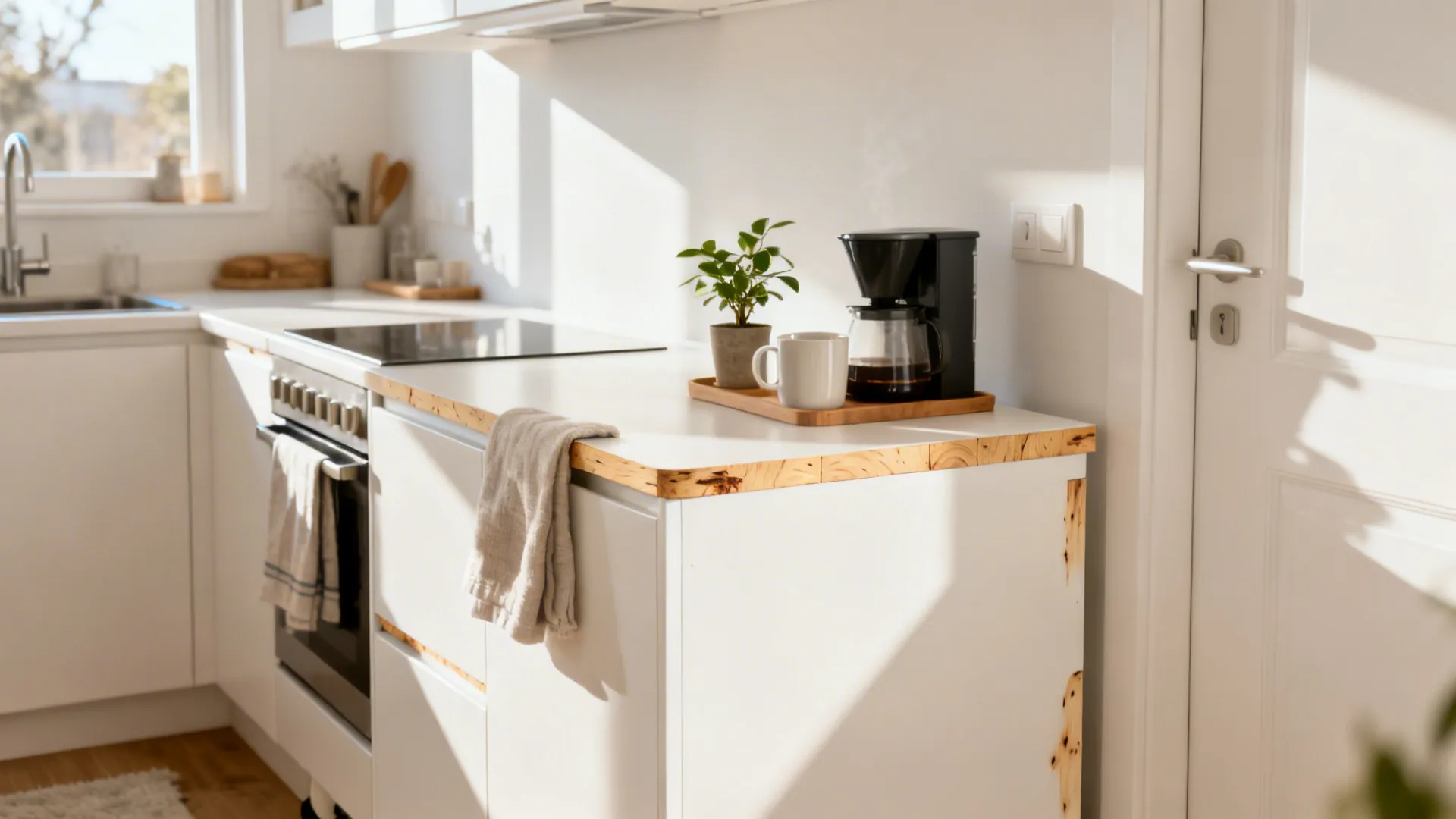 Warm white kitchen trolley with exposed birch plywood edges in a bright Scandinavian micro-kitchen