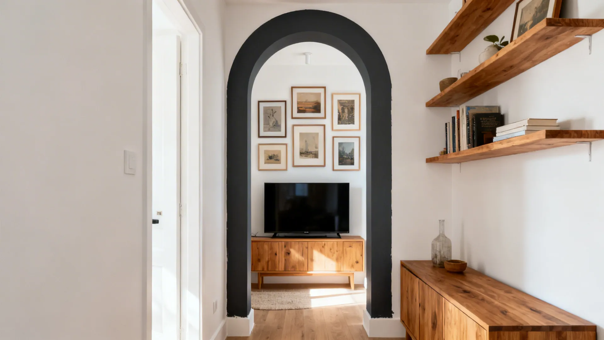 Warm white living room with a charcoal arch framing gallery art and natural oak shelving.