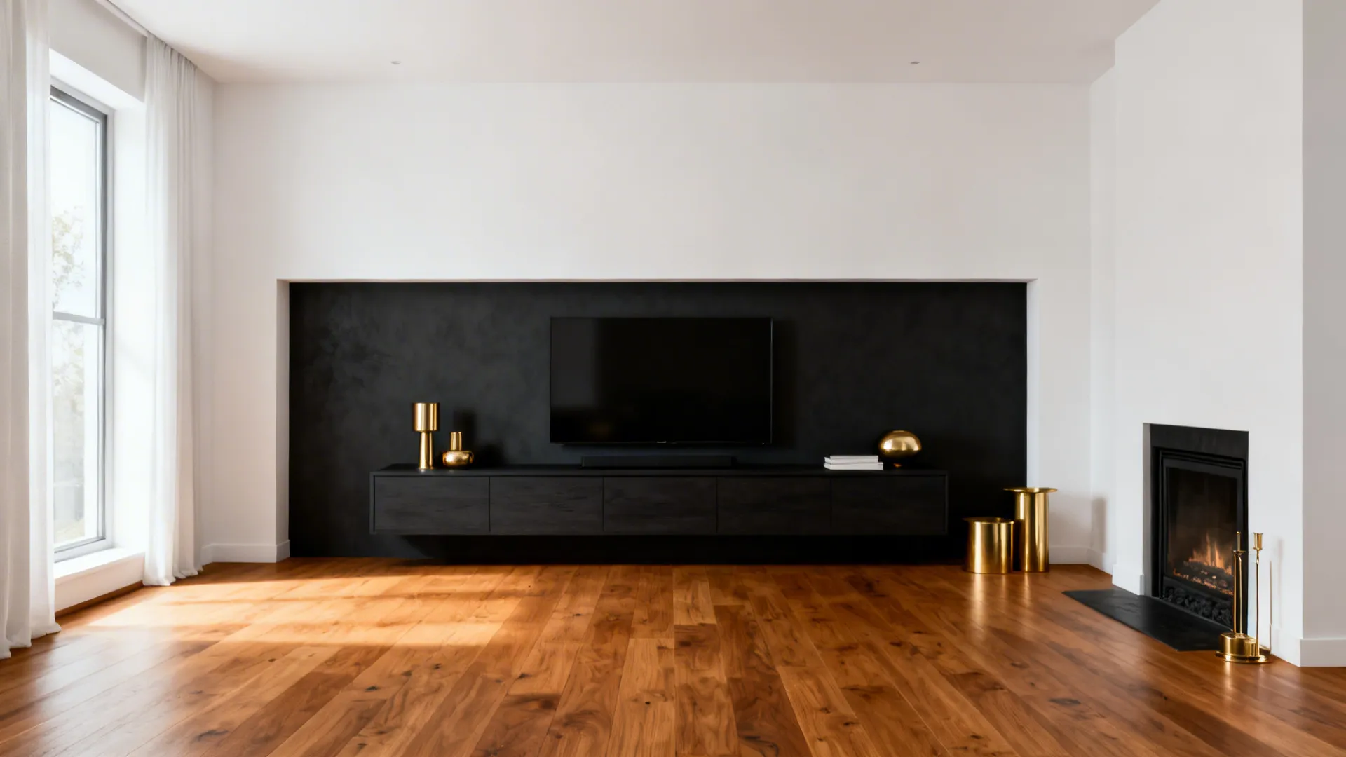 Living room with warm white walls and a deep charcoal feature wall, wood and brass accents.