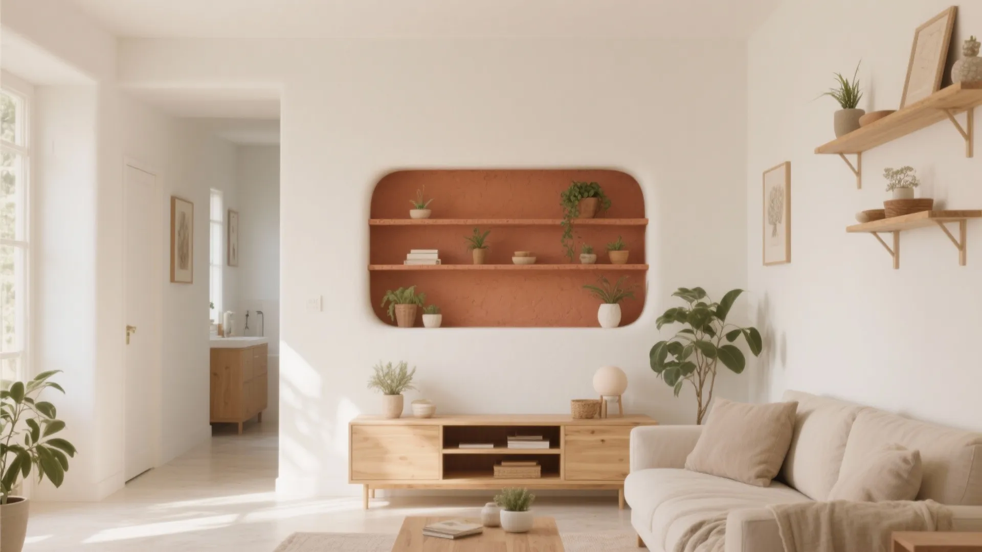 Idea 2: Warm White + Terracotta Niche