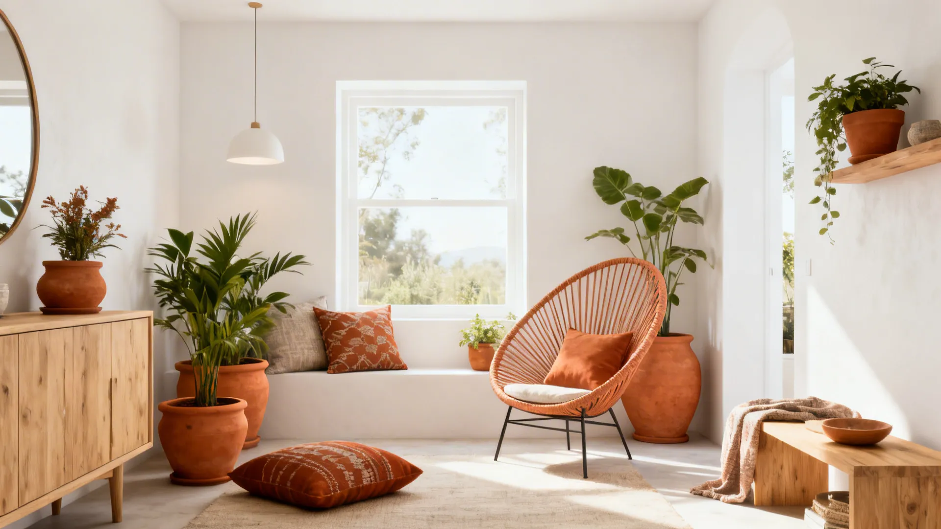 Airy living room with warm white walls and terracotta accent pieces for grounded warmth.