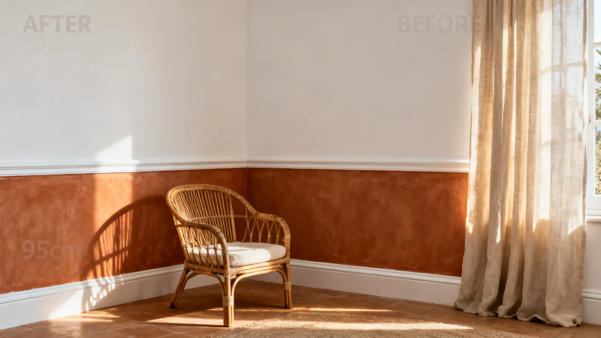 Room corner showing terracotta wall panel with white walls a woven chair and linen curtain